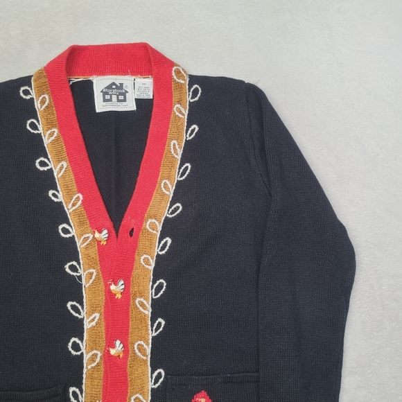 Vintage 90s STORYBOOK KNITS Rooster Cottage Cardigan Sweater Womens XS Black - Picture 10 of 11